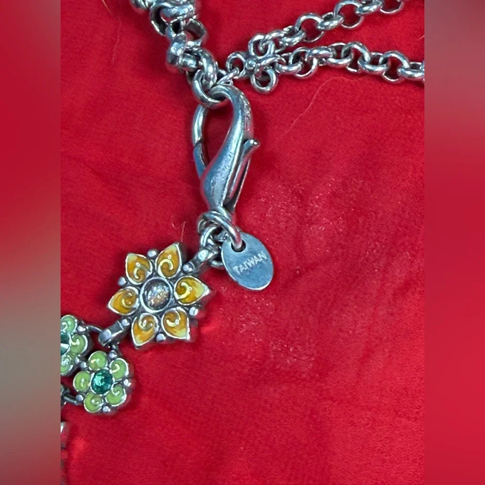Vintage silver tone floral metal and enamel chain statement belt